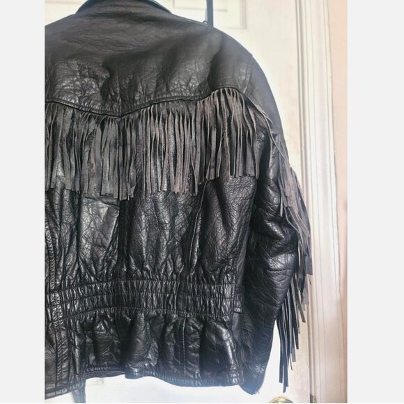 VTG Women’s Black Fringed Leather Heavy Biker Motorcycle Jacket Size S Hudson - Picture 6 of 14